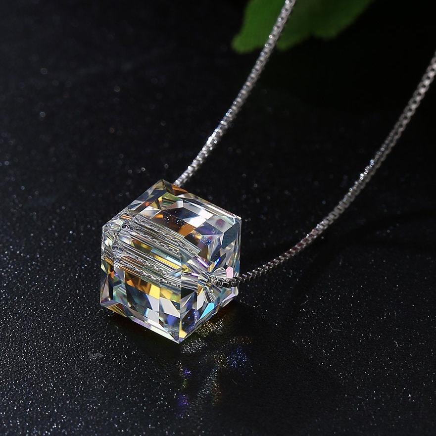 Aurora Borealis Crystal Cube Necklace Made with Swarovski Crystal