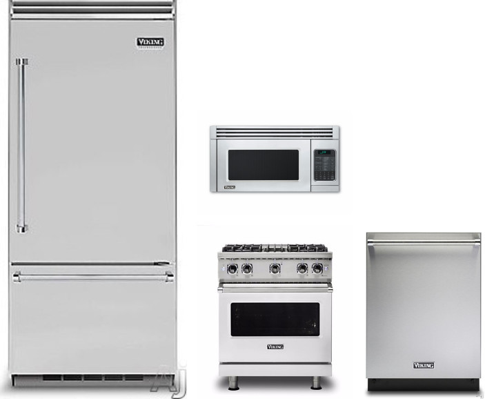 Viking 5 4 Piece Kitchen Appliances Package with Bottom Freezer Refrigerator, Gas Range, Dishwasher and Over the Range Microwave in Stainless Steel VI
