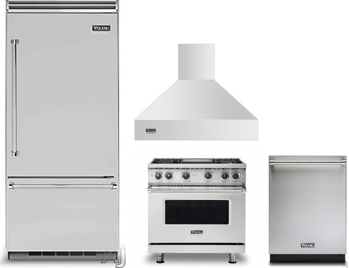 Viking 5 4 Piece Kitchen Appliances Package with Bottom Freezer Refrigerator, Gas Range and Dishwasher in Stainless Steel VIRERADWMW353
