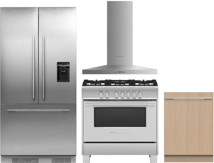 Fisher & Paykel 4 Piece Kitchen Appliances Package with French Door Refrigerator, Gas Range and Dishwasher in Stainless Steel FPRERADWRH2018