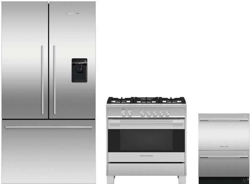 Fisher & Paykel 3 Piece Kitchen Appliances Package with French Door Refrigerator, Gas Range and Dishwasher in Stainless Steel FPRERADW503