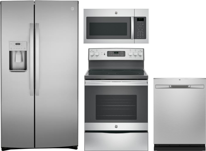 GE 4 Piece Kitchen Appliances Package with Side-by-Side Refrigerator, Electric Range, Dishwasher and Over the Range Microwave in Stainless Steel GERER
