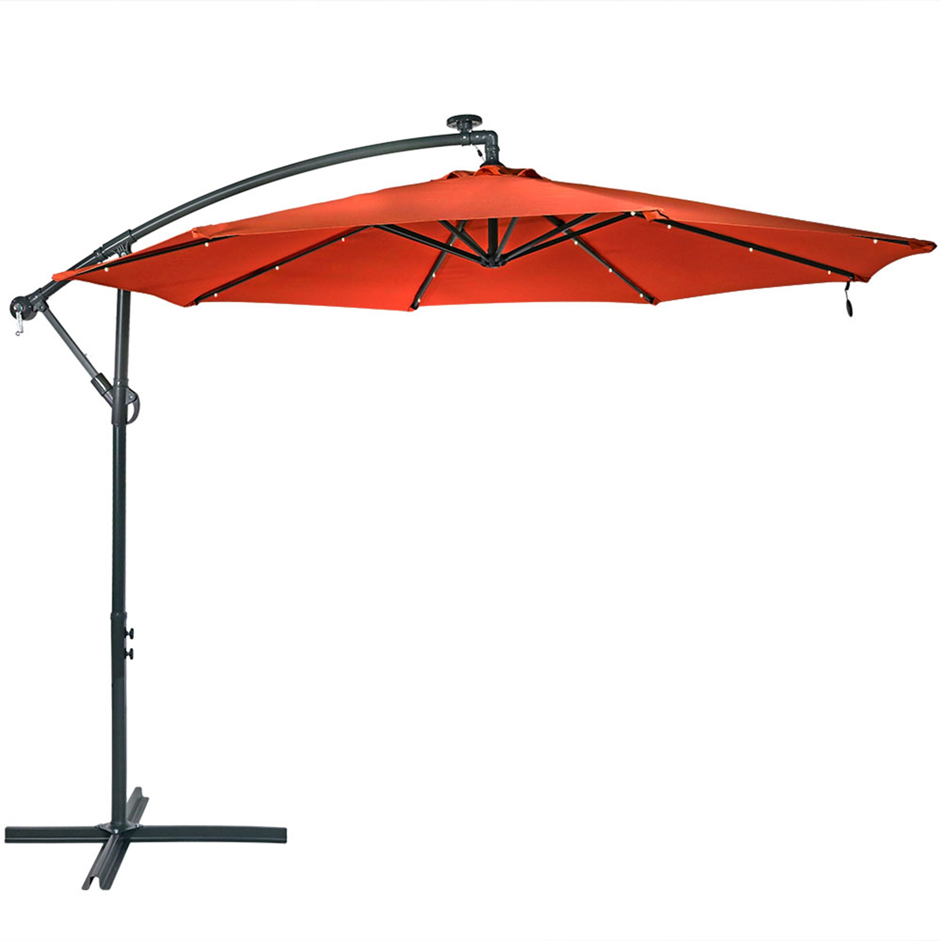 Sunnydaze Solar LED 10-Foot Offset Patio Umbrella with Cantilever, Crank, and Cross Base, Burnt Orange