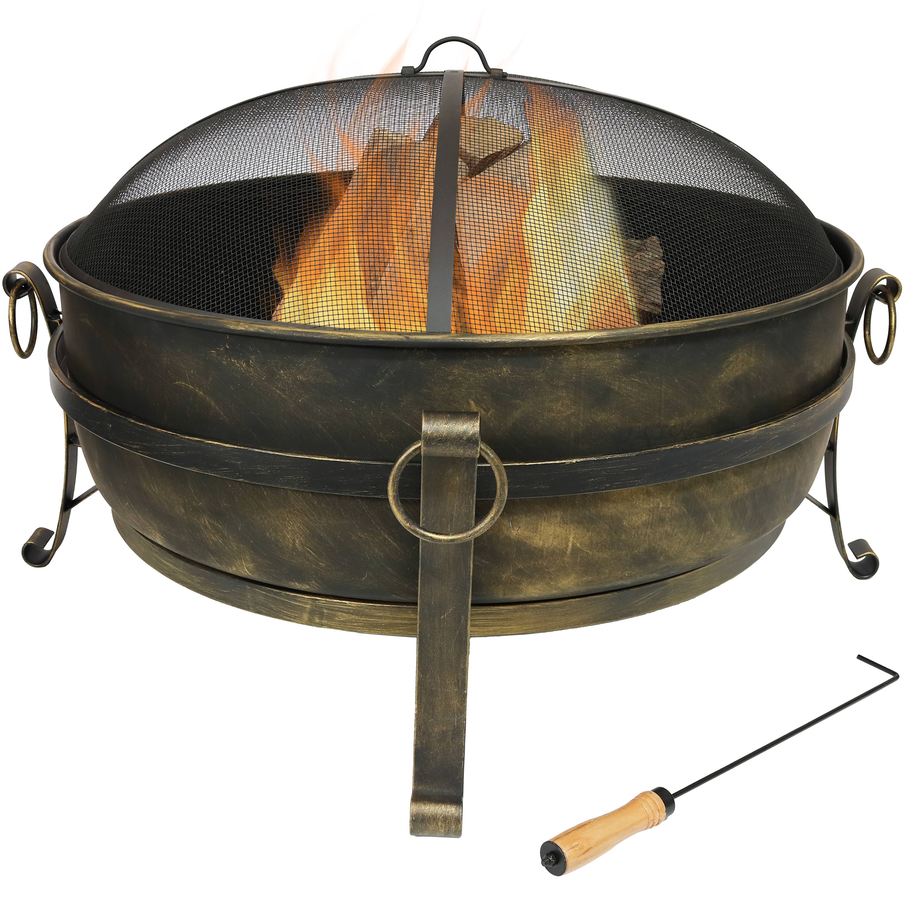 Sunnydaze Steel Cauldron Fire Pit with Spark Screen, 34-Inch