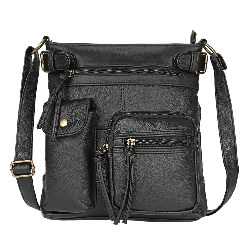 Super Soft Genuine Leather Top Belt Accent Crossbody Bag / Black