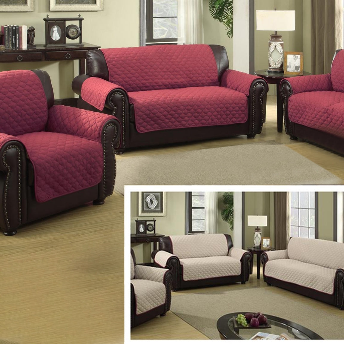 Waterproof Quilted Reversible Furniture Slipcover for Chair, Loveseat, or Sofa / Garnet/Natural