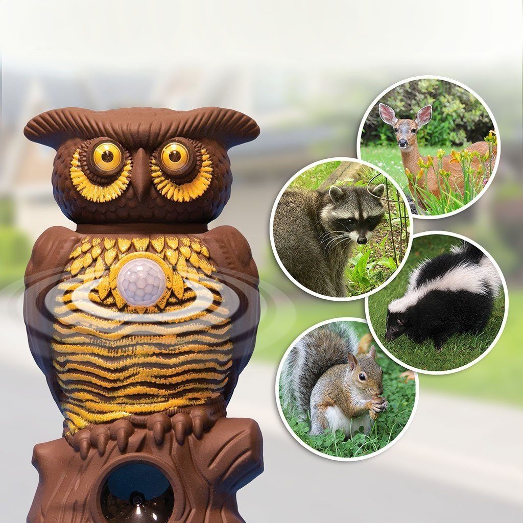 Owl Alert Statue - Targets Outdoor Pests Like Racoons, Deer, Rabbits, Squirrels, Mice and More