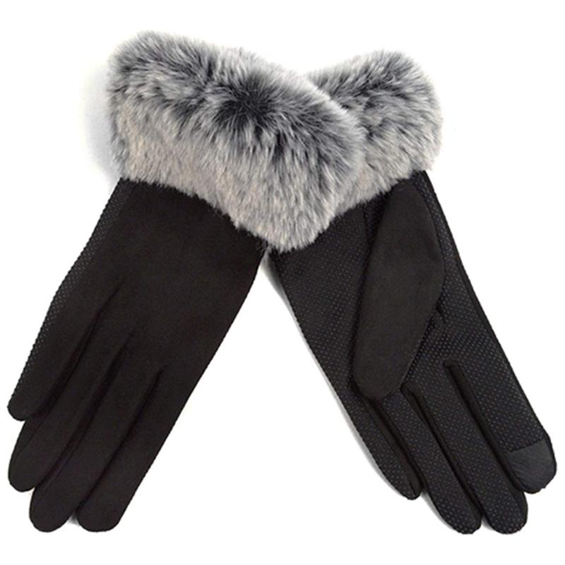 Women&#39;s Faux-Fur Cuff Touch-Screen Gloves with Non-Slip Grip / Black