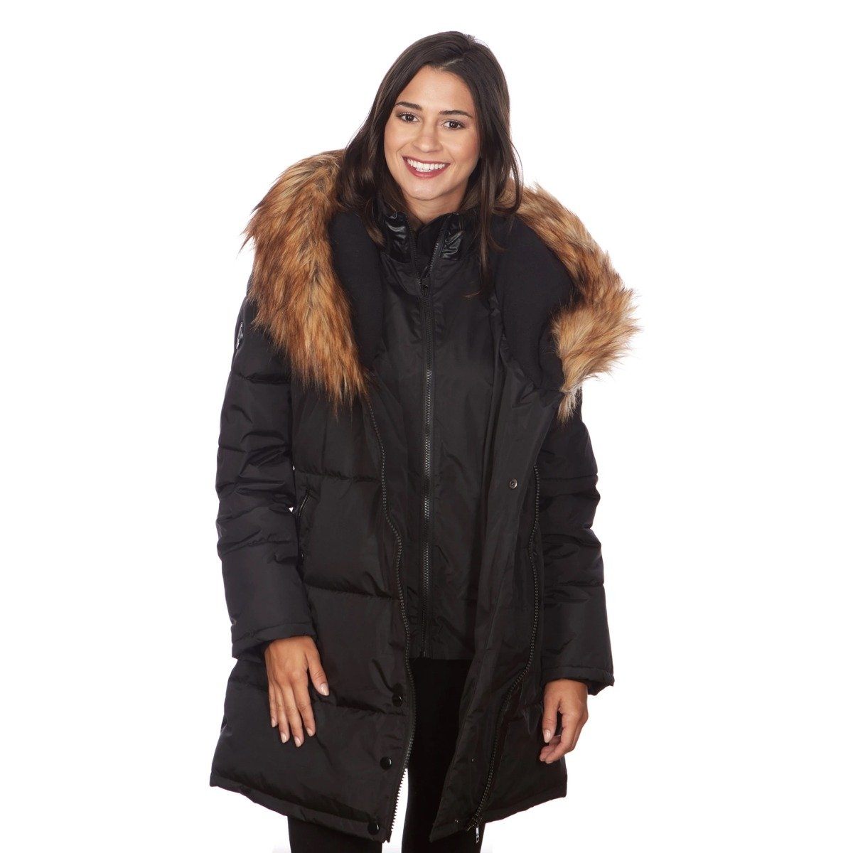 Celsius Women&#39;s Faux Fur Hooded Biker Style Puffy Coat / Black / Medium