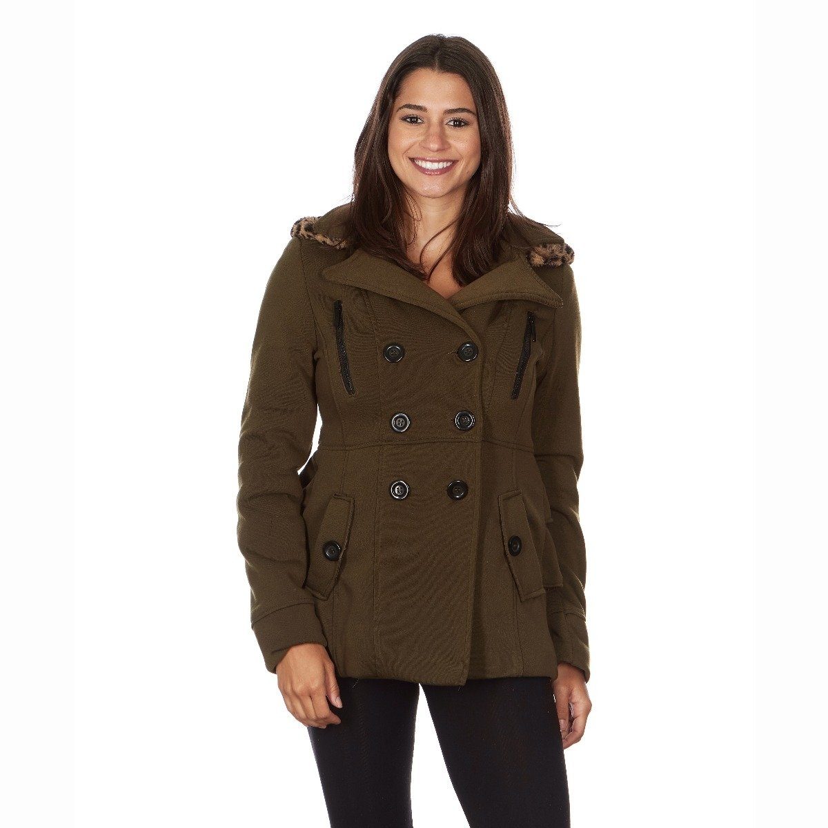 Yoki Women&#39;s Leopard Faux Fur Hooded Fleece Coat / Olive / XL