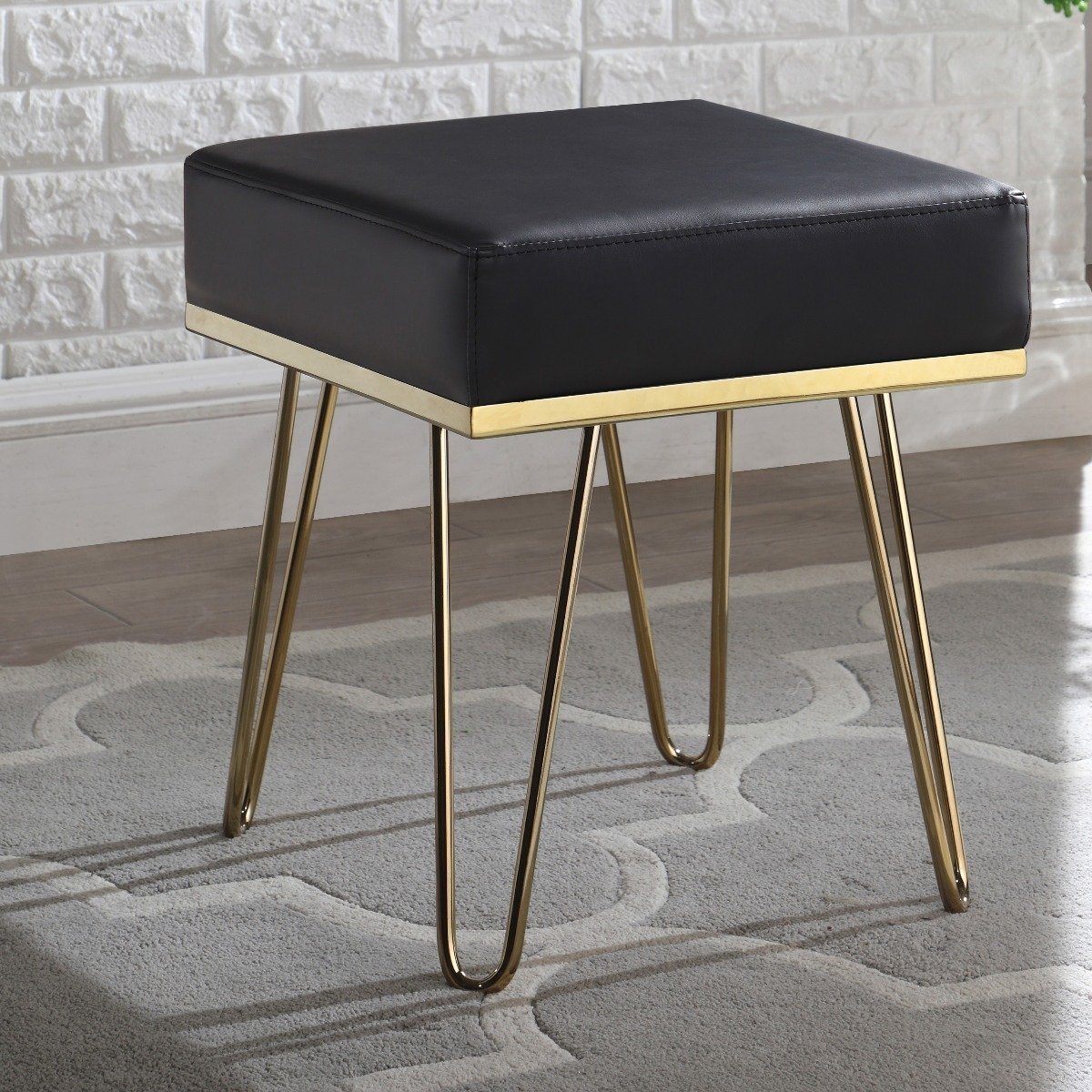 Catheau Square Ottoman Brass Finished Frame Hairpin Legs / Black