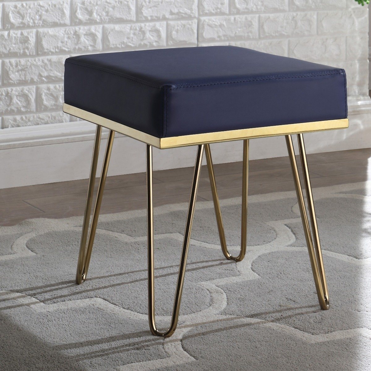 Catheau Square Ottoman Brass Finished Frame Hairpin Legs / Navy Blue