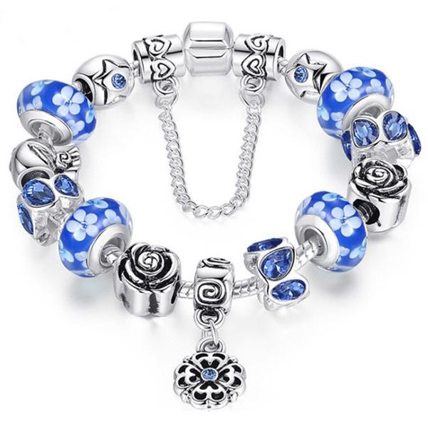 Austrian Crystal And Murano Beads Bracelet With Flower Charm / Blue