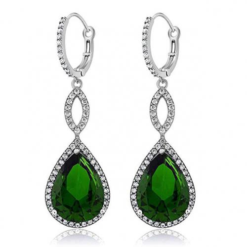 Pear Cut Gemstone Pav&#39;e Dangling Earrings / Emerald
