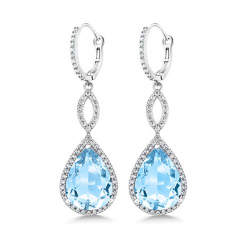 Pear Cut Gemstone Pav&#39;e Dangling Earrings / Aqua Blue