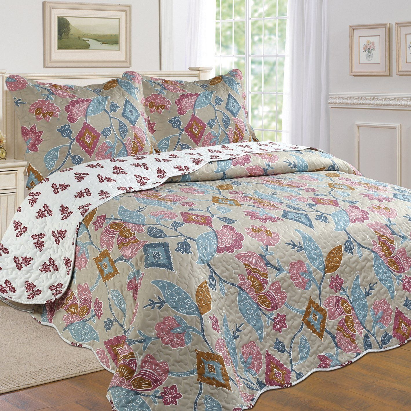 Tradition Premium Printed Reversible Quilt Sets / Floral / Full/Queen