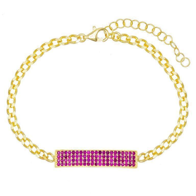 Swarovski Elements Pav&#39;e Bar Curb Chain ID Bracelet in 14K Gold / Pink