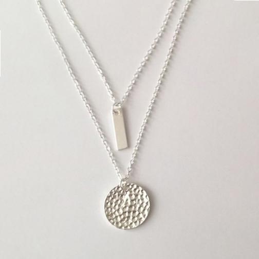 Bar and Hammered-Pendant Double-Layered Necklace / Silver