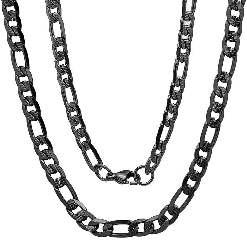 Men&#39;s Stainless Steel Diamond Cut Figaro Necklace by Steeltime / Black