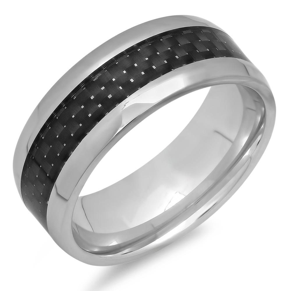Men&#39;s Stainless Steel and Black Carbon Fiber Ring / 10