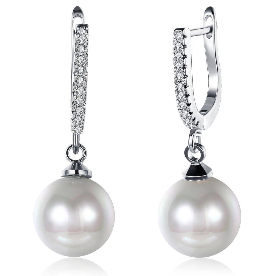 White Swarovski Elements Thin Dangling Freshwater Pearl Clip On Earrings in 14K White Gold Plating