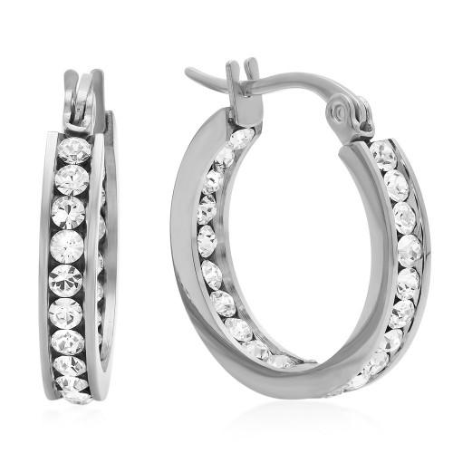 Stainless Steel Huggies Adorned with Swarovski Crystals Earrings / Silver