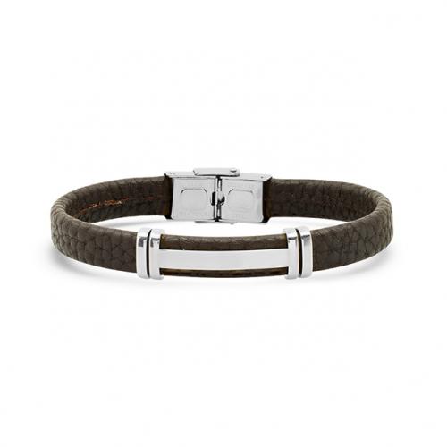 Men&#39;s Stainless Steel and Brown Leather ID Bracelet