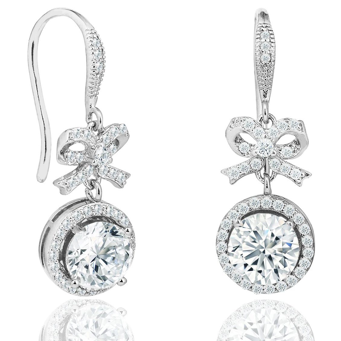 Crystal Bow and Halo Drop Earrings in 18K White Gold