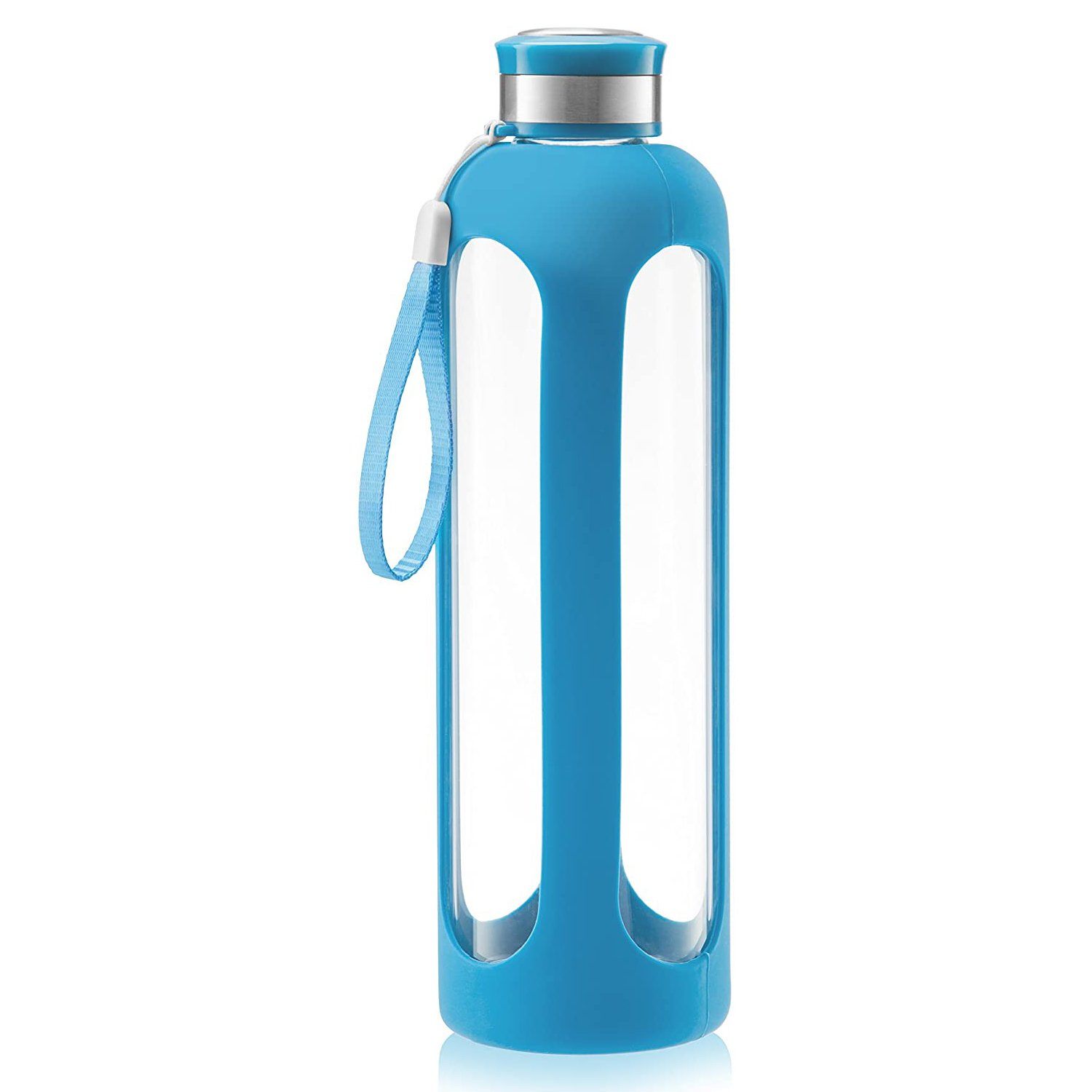 Swig Savvy Glass Water Bottles with Protective Silicone Sleeve &amp; Stainless Steel Leak Proof Lid / Blue
