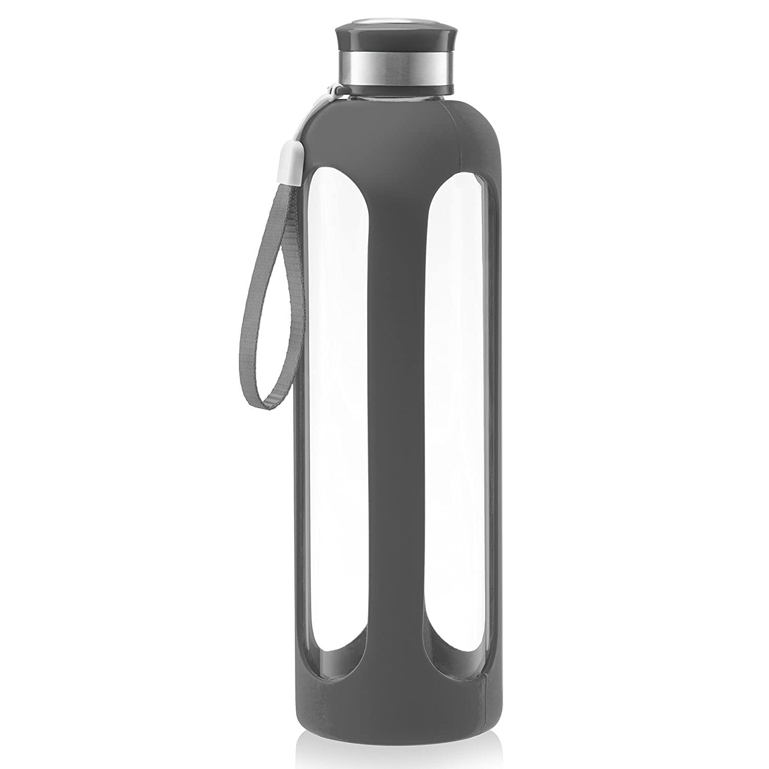 Swig Savvy Glass Water Bottles with Protective Silicone Sleeve &amp; Stainless Steel Leak Proof Lid / Gray