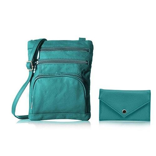 Super Soft Leather Crossbody Bag with Mini Commuter Card Case / Teal