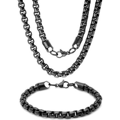 Steeltime Men&#39;s 7mm Round Box Stainless Steel Necklace and Bracelet / Black Ip