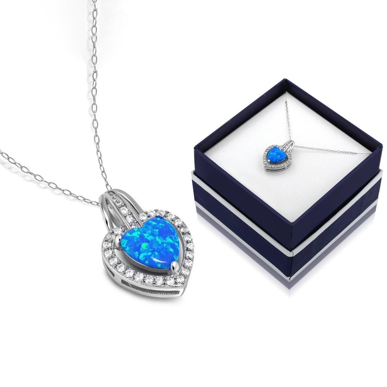 Solid Sterling Silver Blue Opal Heart Halo Necklace With Gift Box By MUIBLU Gems