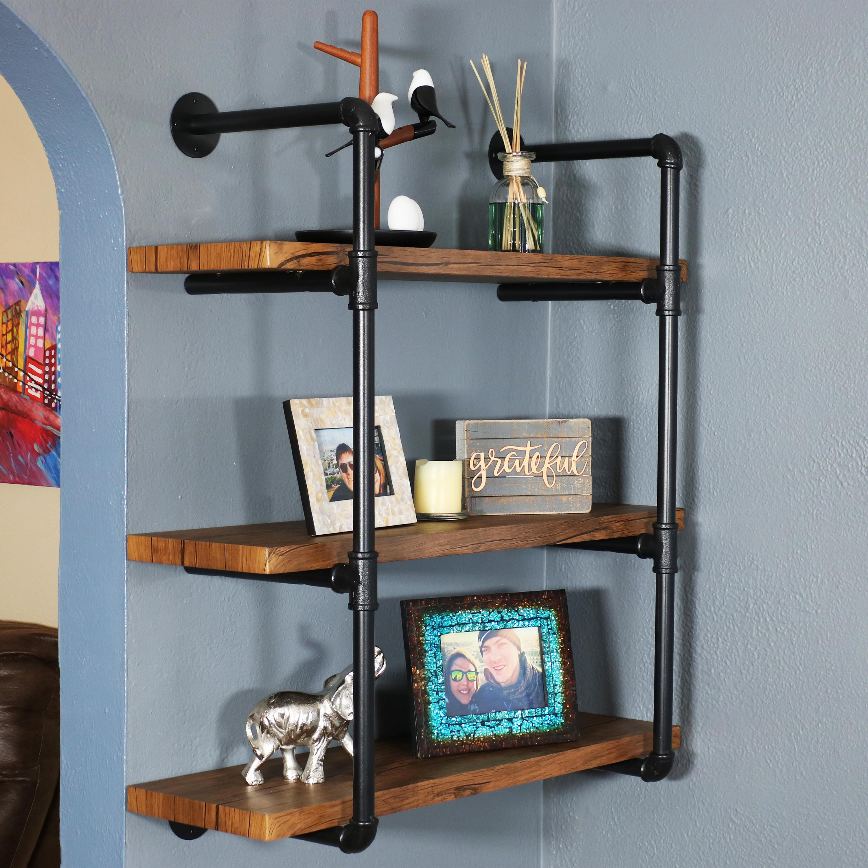 Sunnydaze Industrial Style 3-Tier Wall Bookshelf - Black Pipe Frame - Teak
