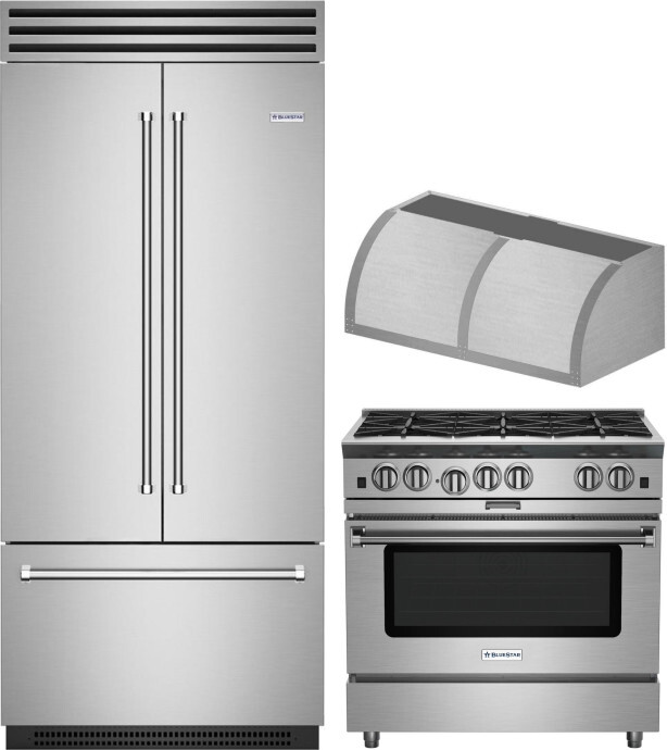BlueStar 3 Piece Kitchen Appliances Package with Gas Range and French Door Refrigerator in Custom Colors BLRERARH1004