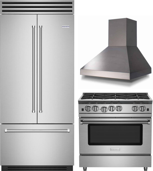 BlueStar 3 Piece Kitchen Appliances Package with Gas Range and French Door Refrigerator in Custom Colors BLRERARH1024
