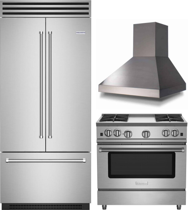BlueStar 3 Piece Kitchen Appliances Package with Gas Range and French Door Refrigerator in Stainless Steel BLRERARH1030