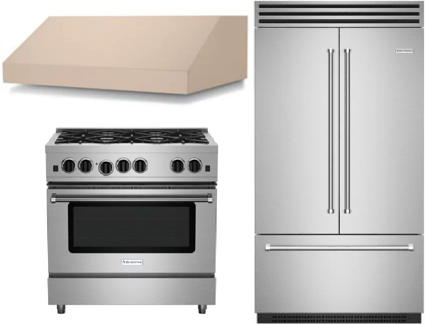 BlueStar 3 Piece Kitchen Appliances Package with Gas Range and French Door Refrigerator in Custom Colors BLRERARH1071