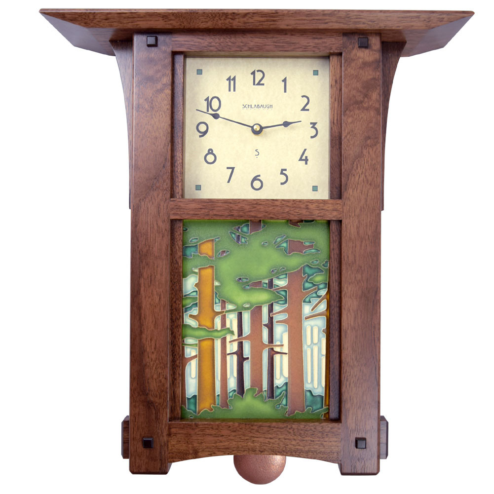 Craftsman Style Wall Clock with Woodland Tile and Pendulum