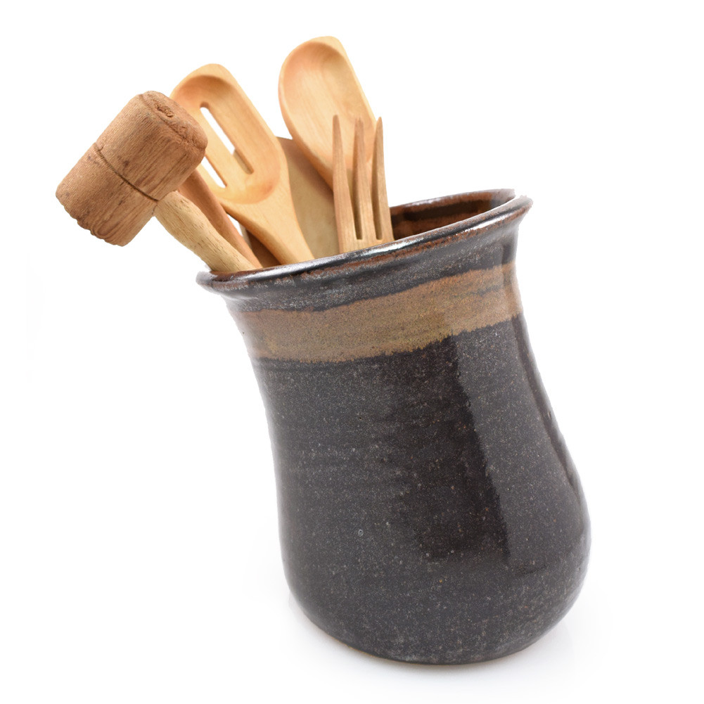 Simply Modern Pottery Collection: Tilted Utensil Jar in Midnight Mocha
