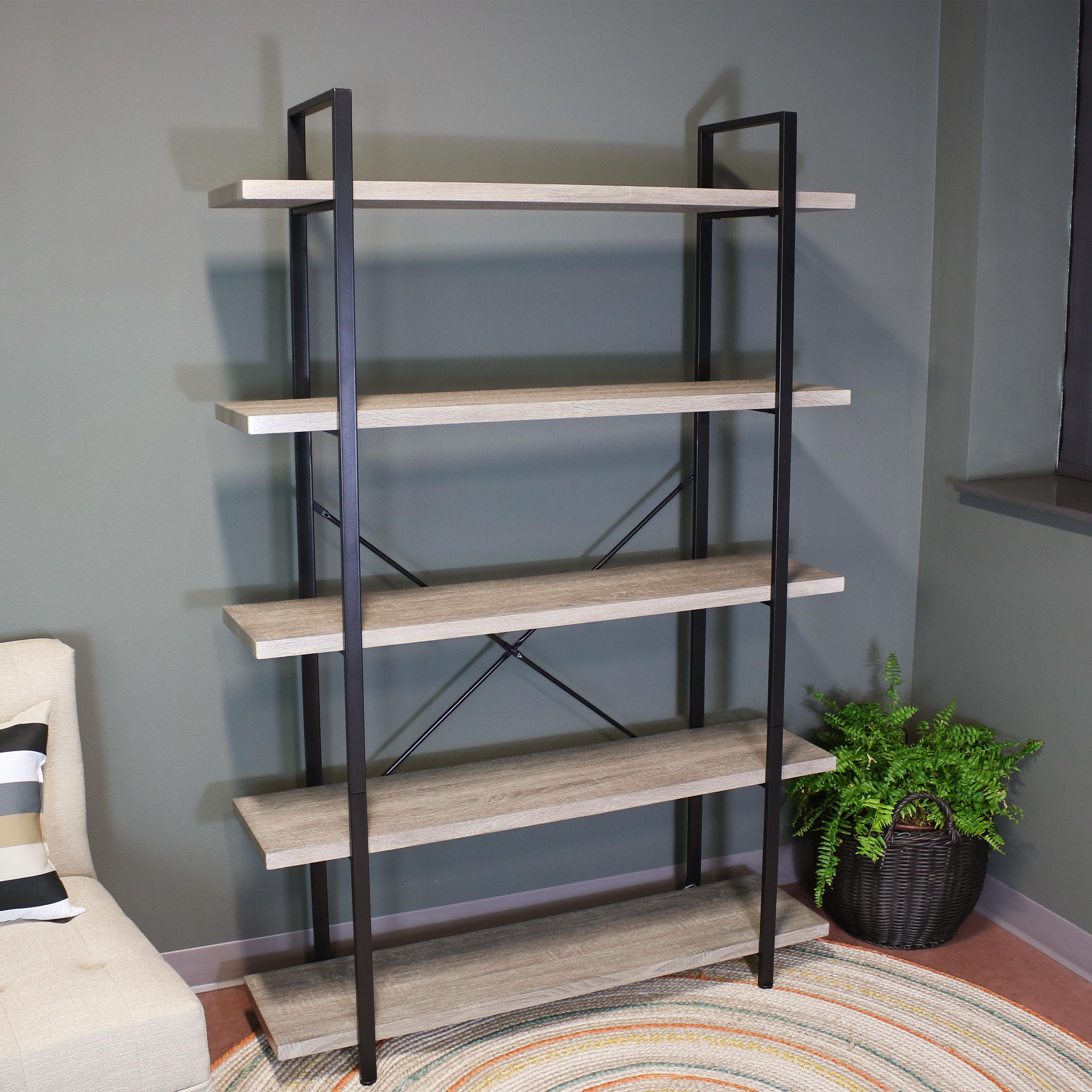 Sunnydaze Industrial Style 5-Tier Bookshelf with Wood Veneer Shelves - Oak Gray