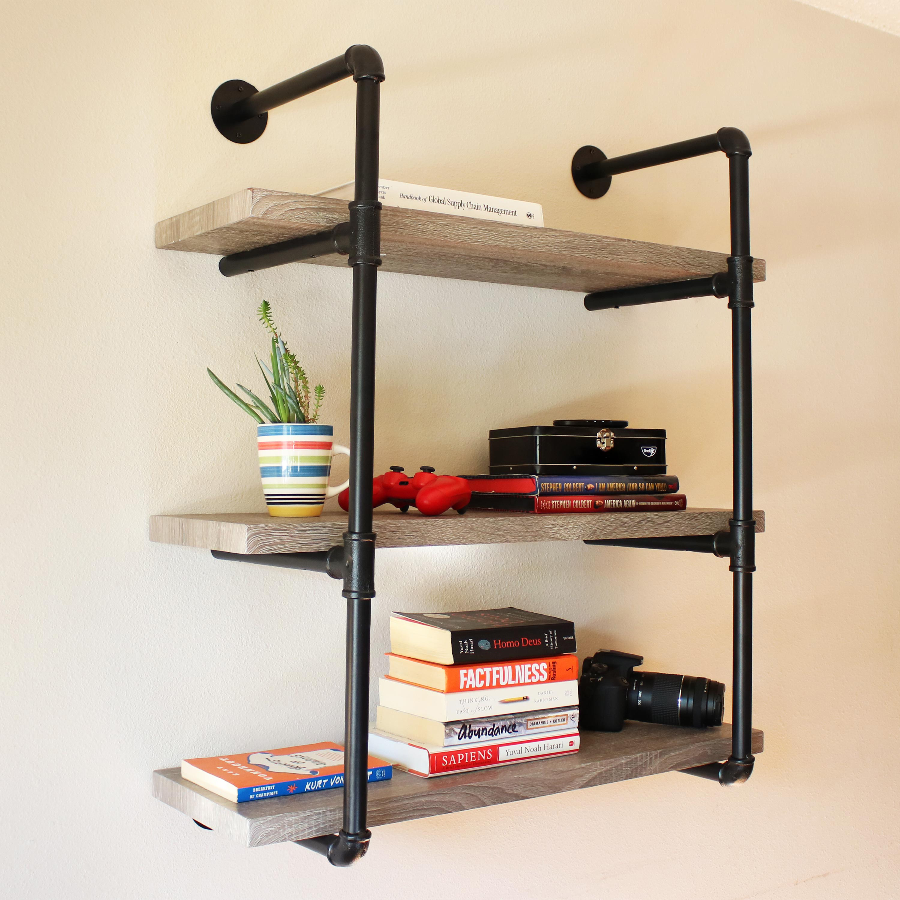 Sunnydaze Industrial Style 3-Tier Wall Bookshelf - Black Pipe Frame - Oak Gray