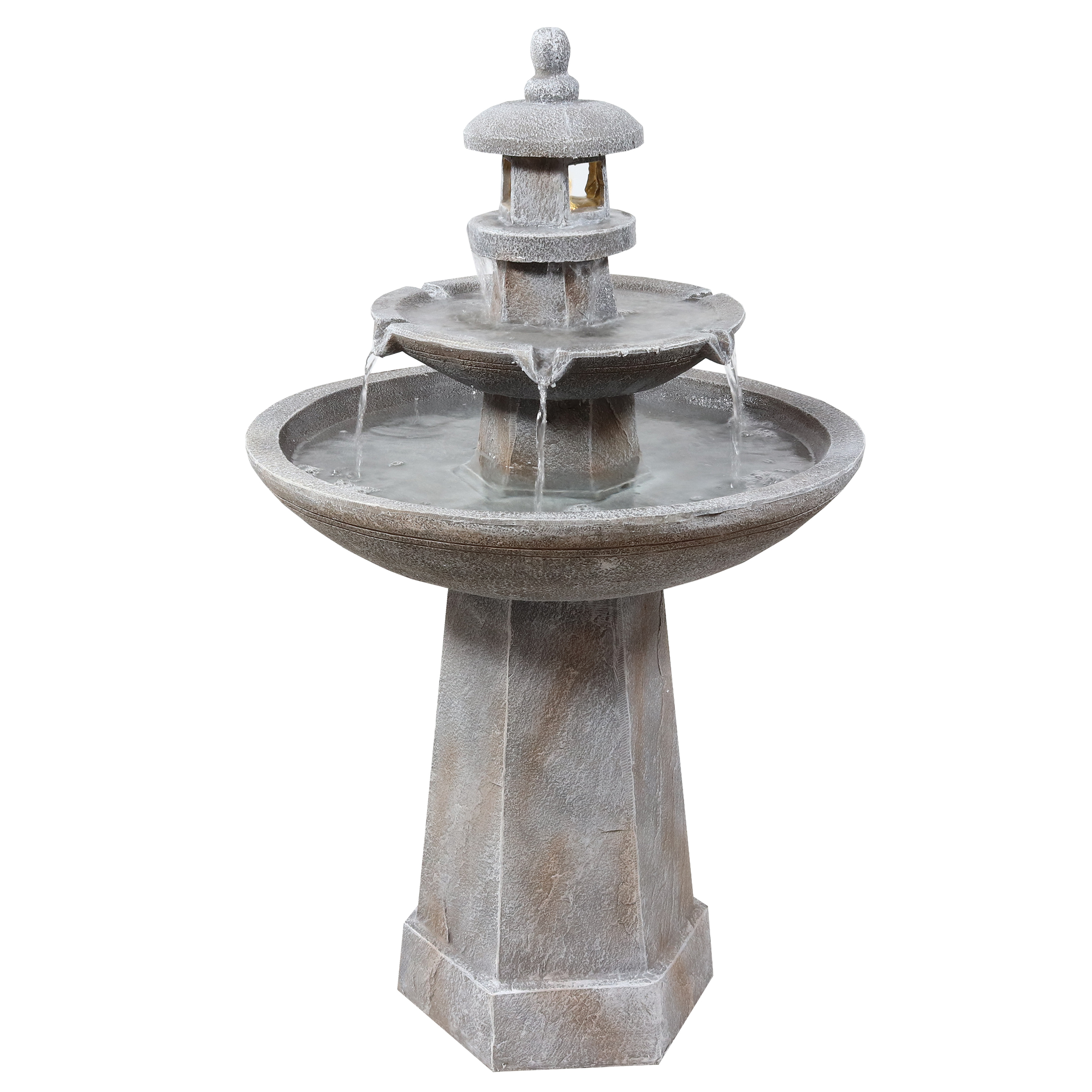 Sunnydaze 2-Tier Pagoda Outdoor Water Fountain with LED Light - 39-Inch