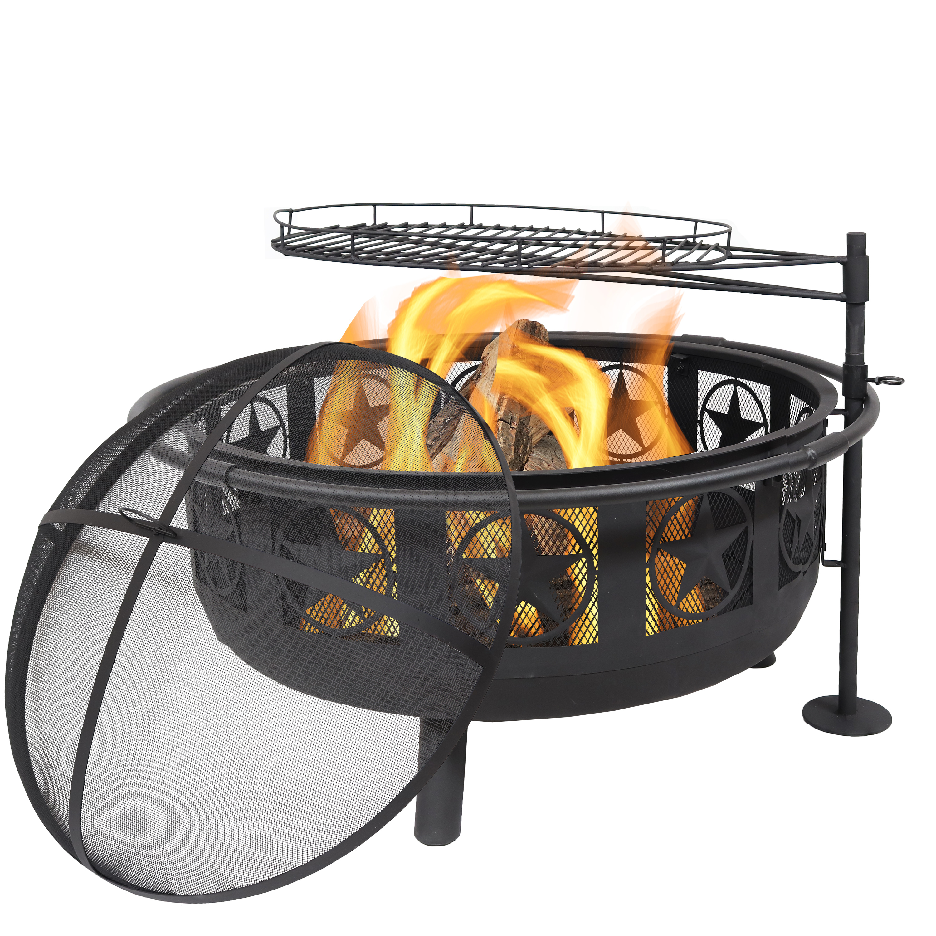 Sunnydaze Black All Star Fire Pit with Cooking Grate &amp; Spark Screen - 30-Inch