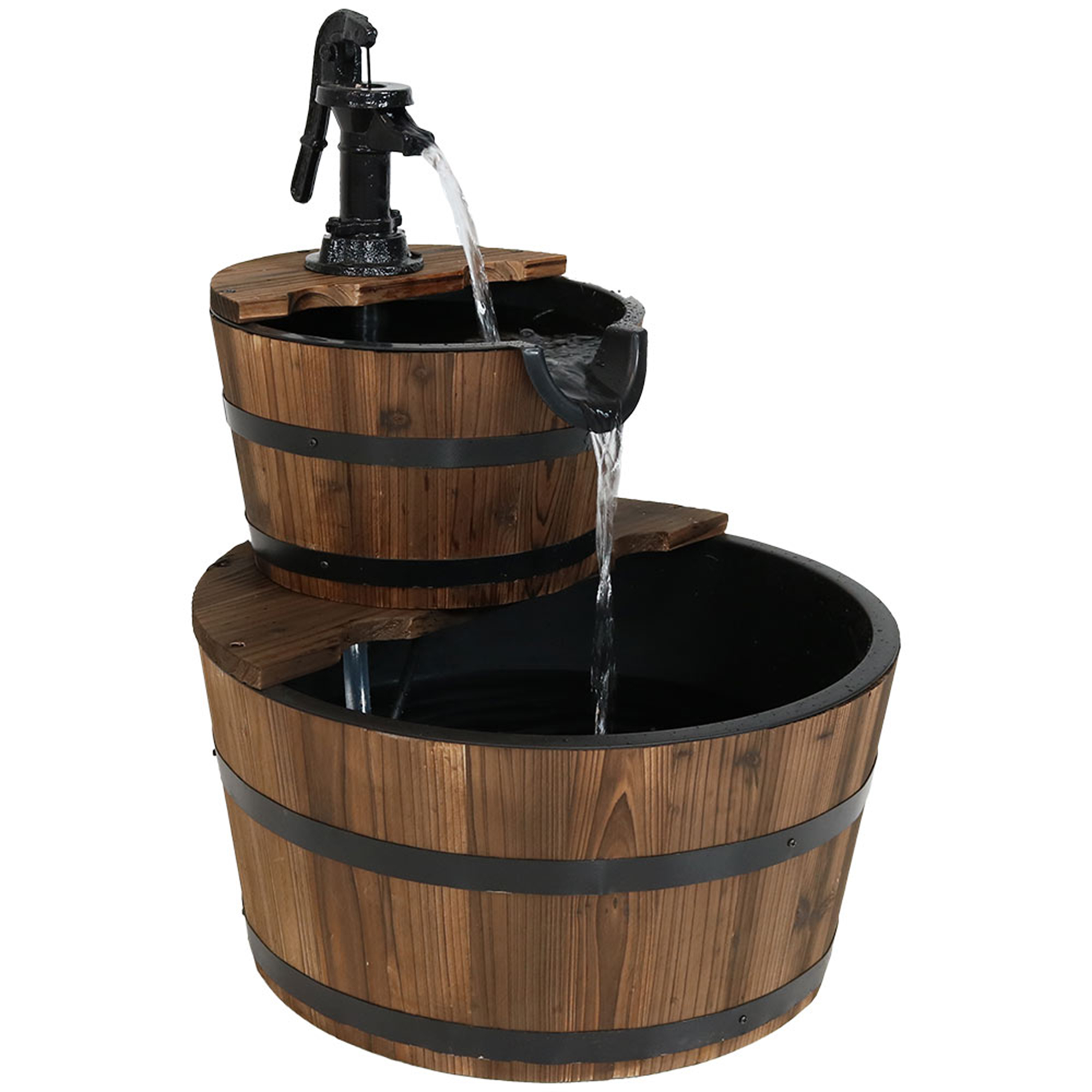 Sunnydaze Wooden Bowl and Barrel Water Fountain with Hand Pump and Liner - 23-Inch