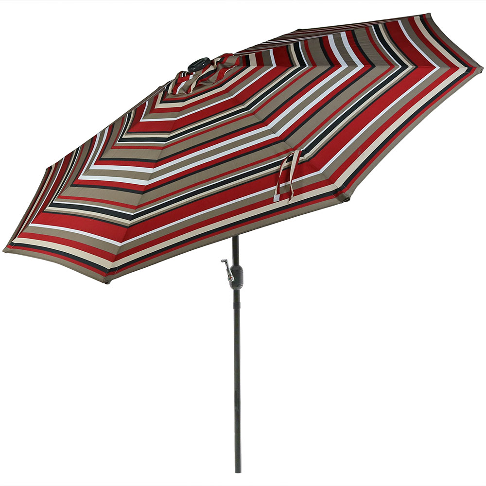 Sunnydaze Solar LED Lighted 9-Foot Aluminum Umbrella with Tilt &amp; Crank, Awning Stripe