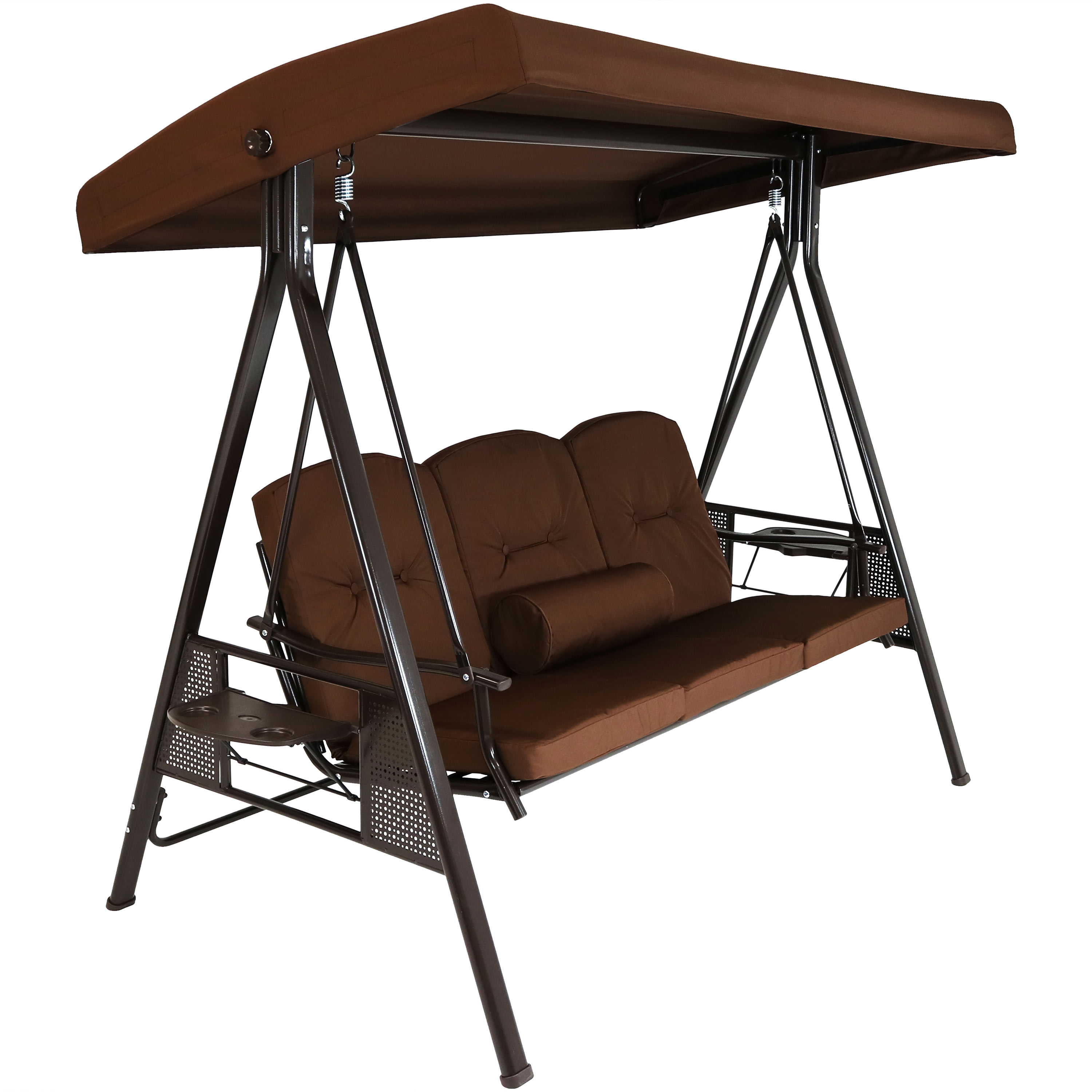 Sunnydaze 3-Person Steel Frame Outdoor Adjustable Tilt Canopy Patio Swing with Side Tables, Cushions and Pillow, Brown
