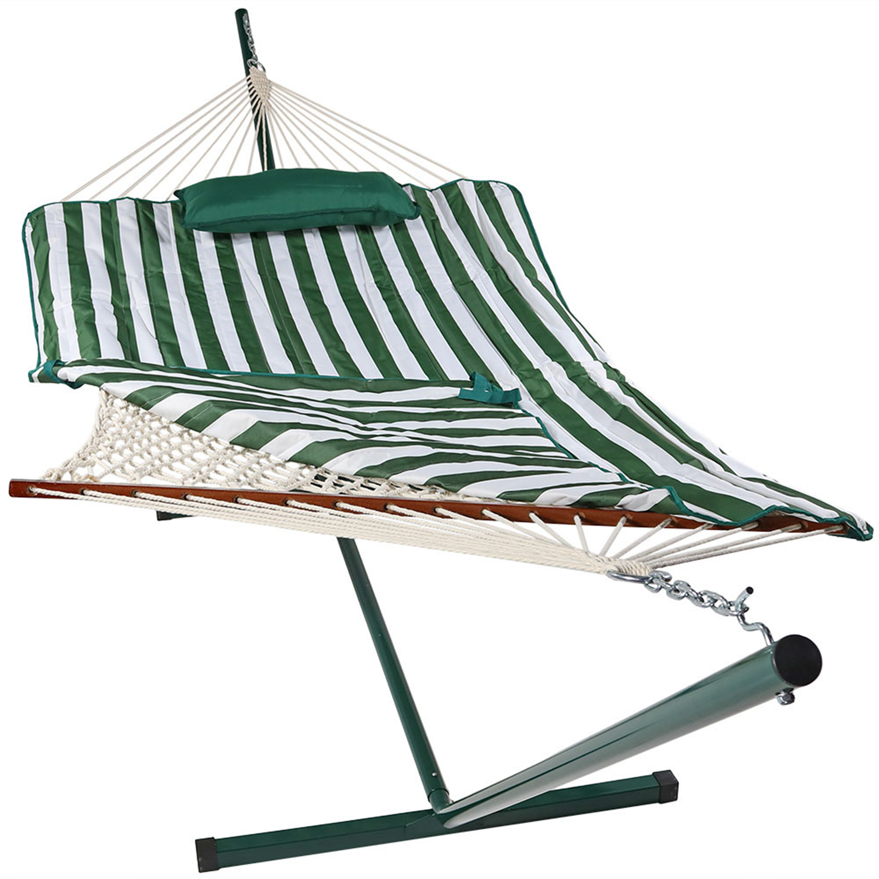 Sunnydaze Rope Hammock with 12-Foot Stand - Pad &amp; Pillow - Green &amp; White Stripe