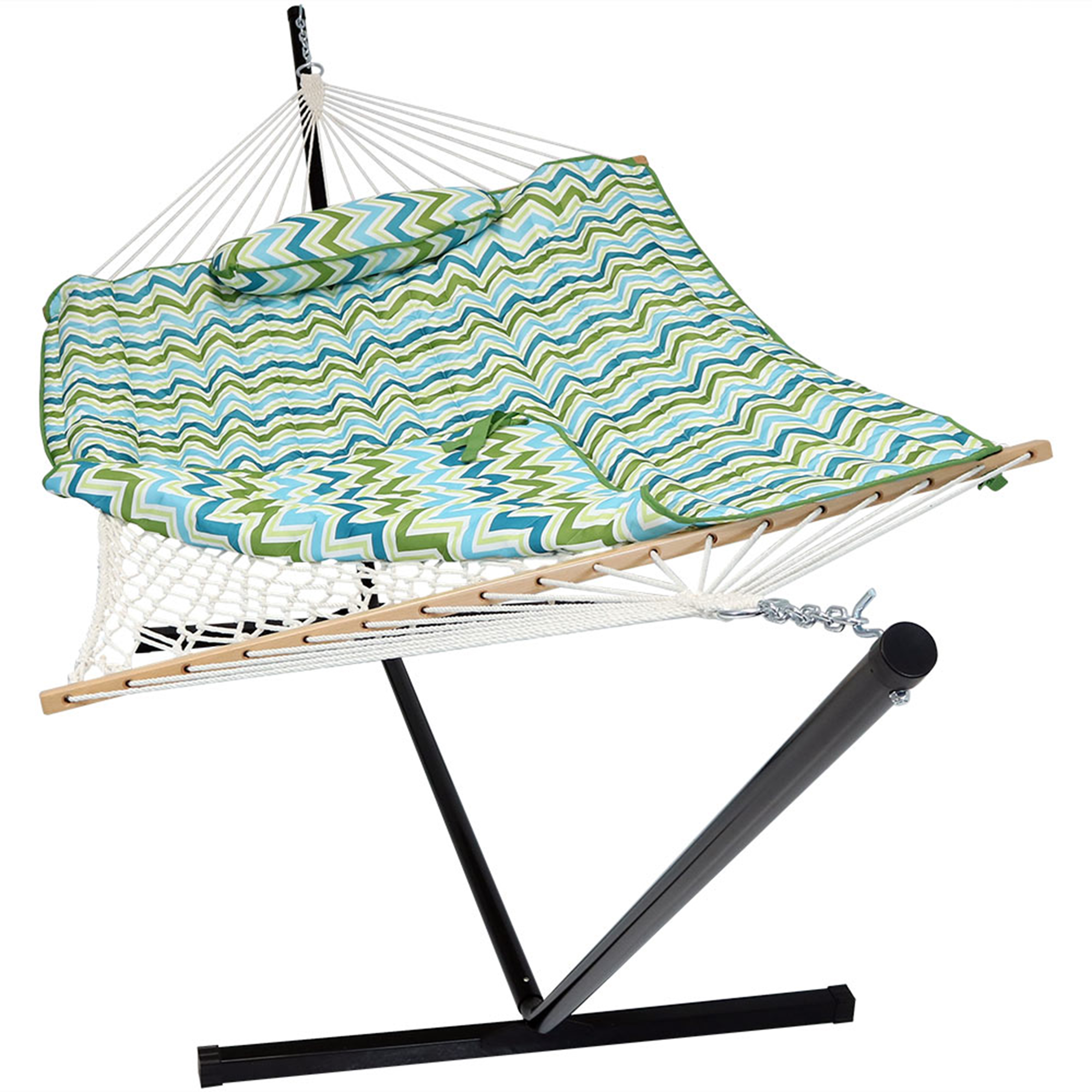 Sunnydaze Cotton Rope Hammock with 12 Foot Steel Stand, Pad and Pillow, 275 Pound Capacity, Blue &amp; Green Chevron