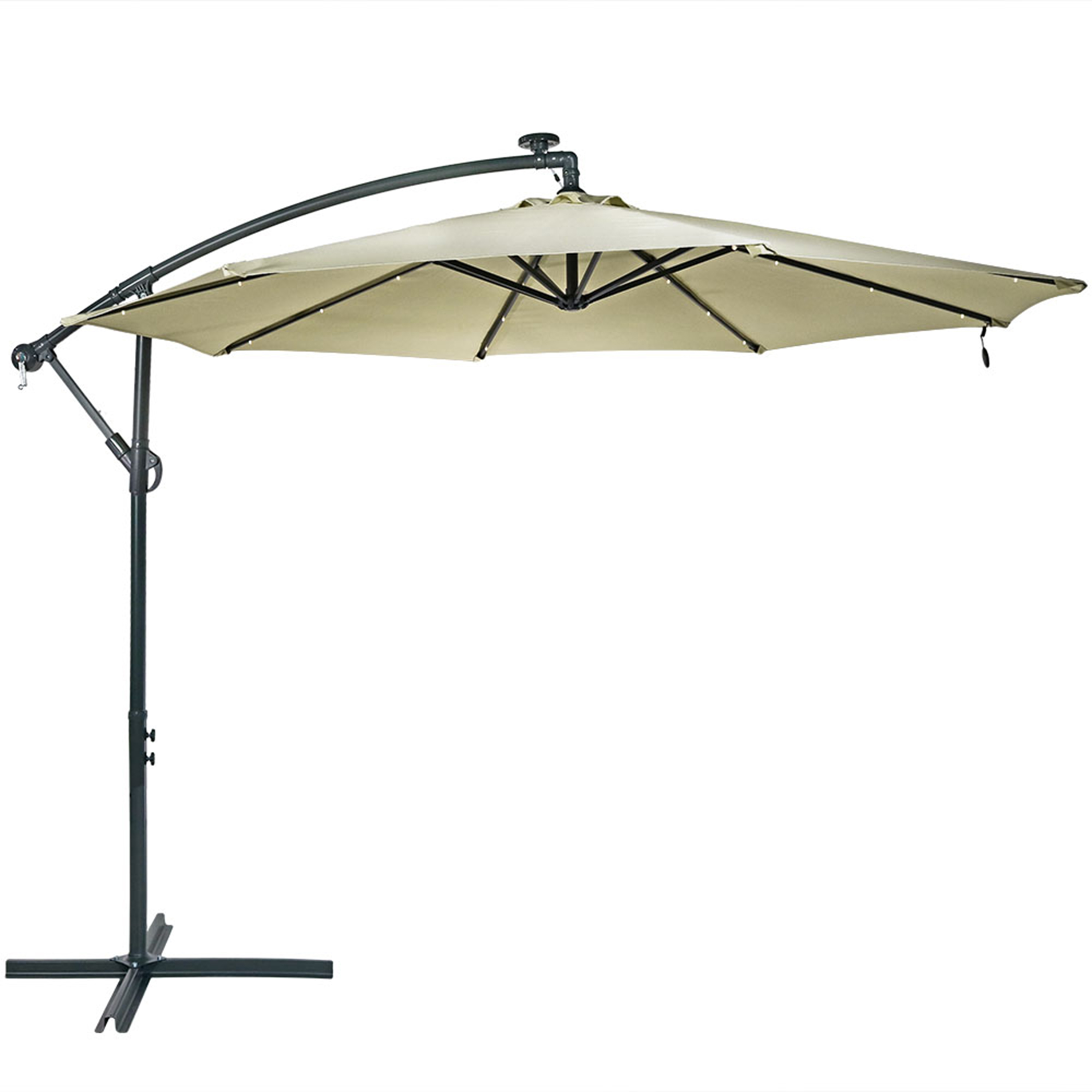 Sunnydaze Solar LED 10-Foot Offset Patio Umbrella with Cantilever, Crank, and Cross Base, Beige